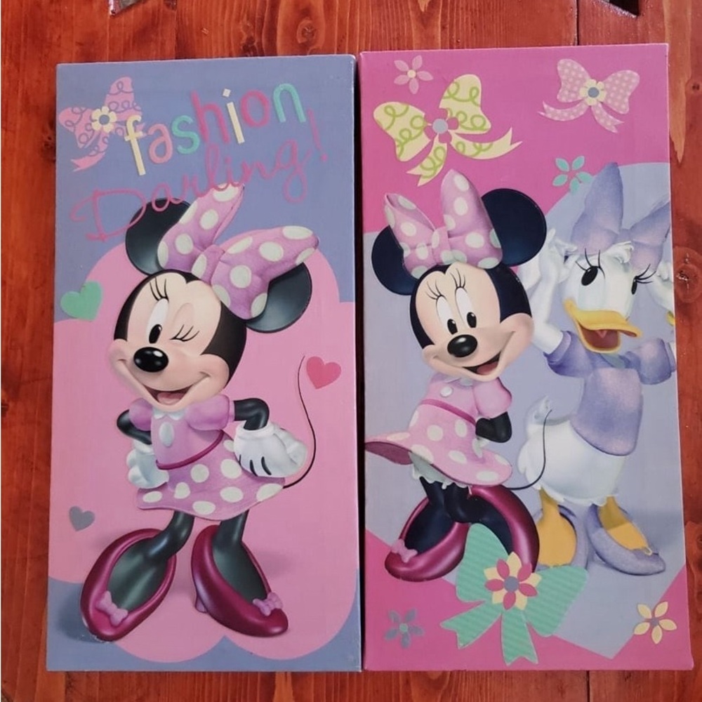 Set of Minnie Mouse canvas wall pictures perfect for the baby or girls room.